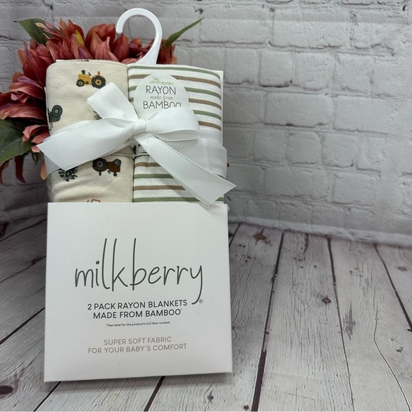 NWT Milkberry bamboo rayon Baby Blanket Set farm theme tractor country - Picture 1 of 5
